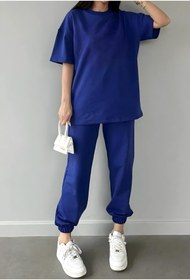 Resim trendgar duz mavi kadın eşofman takımı t-shirt-jogger 