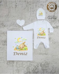 Resim yzc home size dair... K99 Bt Isme Özel Isimli Baskılı Bebek Battaniye Tulum Şapka Eldiven Set Hastane Çıkışı 