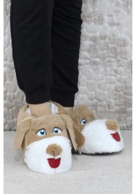 Resim Fort Sevimli Köpek Figürlü Peluş Panduf Hayvanlı Yumuşak Kadın Panduf Kahve Kahverengi 