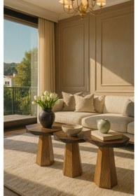 Resim Ahşap Mantar Sehpa 3 Lü Set Ceviz Renk Doğal Zigon Ve Fiskos Takımı - Coffee Table Ceviz 