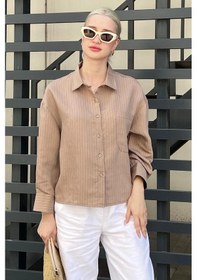Resim Madmext Camel Çizgili Oversize Kadın Gömlek Mg2093-camel Camel 
