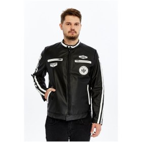 Resim Erkek Siyah Beyaz Şeritli Racing Tarz Motorcu Mont Arma Baskı Detaylı Cepli Fermuarlı Yarışçı Ceket Siyah 