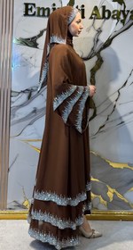 Resim Swarovski Taşlarla Süslenmiş Kahverengi Üç Katlı Abaya - Lüks Şifon Model TM22 JS BROWN - XL / Kahverengi 