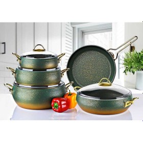 Resim Caldora 9 Parça Granit Güveç Tencere Seti Yeşil Gold Saplı -20/24/28 Derin-28 Basık-28 Güveç Tava 