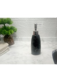 Resim Mermer Desenli Siyah Sıvı Sabunluk 8x8x17cm 300ml Banyo Seti 