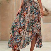 Resim Şık Paisley Desenli Yüksek Bel Maksi Etek Fırfırlı Etek - Günlük, Esnemez Polyester, Makinede Yıkanabilir - İlkbahar/Yaz/Sonbahar İçin Mükemmel 