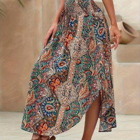 Resim Şık Paisley Desenli Yüksek Bel Maksi Etek Fırfırlı Etek - Günlük, Esnemez Polyester, Makinede Yıkanabilir - İlkbahar/Yaz/Sonbahar İçin Mükemmel 