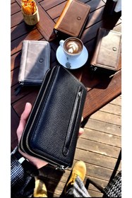 Resim CüzCan Unisex Siyah Noti Hakiki Deri Telefon Cüzdanı El Çantası Unisex (ERKEK-KADIN) 