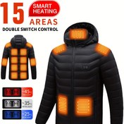 Resim Erkekler için %100 Naylon Sıcak Isıtmalı Mont, 15 Akıllı Isıtma Alanı, Çift Anahtar Kontrolü, Rüzgar Geçirmez, Fermuarlı Kapüşonlu Üst, Açık Hava Aktiviteleri, Kayak, Yürüyüş, Kamp, Seyahat - Pil Paketi Hariç 