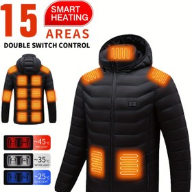 Resim Erkekler için %100 Naylon Sıcak Isıtmalı Mont, 15 Akıllı Isıtma Alanı, Çift Anahtar Kontrolü, Rüzgar Geçirmez, Fermuarlı Kapüşonlu Üst, Açık Hava Aktiviteleri, Kayak, Yürüyüş, Kamp, Seyahat - Pil Paketi Hariç 