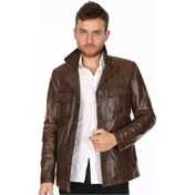 Resim Hakiki Kuzu Derisi Düğmeli Dikiş Detaylı Kahverengi Ceket Erkek Deri Ceket Kahverengi 