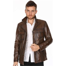 Resim Hakiki Kuzu Derisi Düğmeli Dikiş Detaylı Kahverengi Ceket Erkek Deri Ceket Kahverengi 