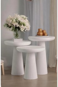 Resim Simillo Home&Living Wood Ahşap Beyaz Renk 3’lü Set Mantar Yan Sehpa Fiskos Çiçeklik Decorative 