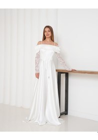 Resim Livanomi Kolları Dantelli Beyaz Saten Abiye Elbise Beyaz 