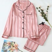 Resim Renkli Jakar Çizgili Kadın Uzun Kollu Uzun Pantolonlu Pijama Takımı 