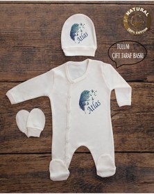 Resim yzc home size dair... E62 T Ekru Renk Isme Özel Isimli Baskılı Bebek Tulum Şapka Eldiven Set Hastane Çıkışı 