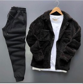 Resim Unisex Siyah Peluş Polar Hırka Gömlek Siyah Eşofman Altı Takım Siyah 