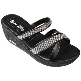 Resim Yazkış Kadın Siyah Üzeri Çapraz Taşlı 6cm Dolgu Topuk Terlik Siyah 