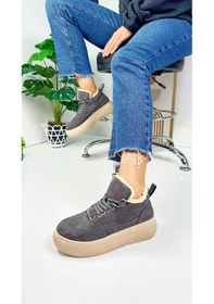 Resim Günlük Kadın Bot Bağcıklı Yüksek Kalın Tabanlı Kürklü Oval Burunlu Süet Rahat Hafif Bootie 1701 Gri 
