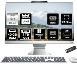 Resim ASUS A3402WVAK i5 1335U 40GB DDR5 1TB SSD Intel Graphics 23.8" FHD W11P Beyaz All in One & PER4 