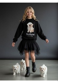 Resim Kız Çocuk Pamuklu Köpek Baskılı Oversize Tasarım Sweatshirt-16472 Siyah 