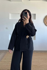 Resim butikhola Siyah Çıkarılabilir Broşlu Kimono Pantolon Takım 