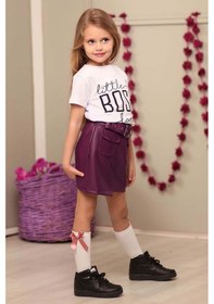 Resim Riccotarz Kız Çocuk Little Boss Yazı Baskılı T-shirt Cep Detaylı Kemerli Bordo Deri Etekli Takım Bordo 