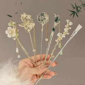 Resim Kadınlar için 6 adet şık Çin tarzı püskül saç tokası - Çiçek ve geometrik desenler, inci ve taş aksesuarlı el yapımı metal saç tokaları, prom ve resmi etkinlikler için ideal, prom saç aksesuarı | Zarif püskül deseni | İnci detaylandırma, kadın saç aksesuarları için ideal 