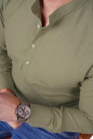 Resim Haki Yeşil Hakim Yaka Üç Düğmeli Slimfit Keten Kutulu Gömlek 