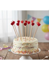 Resim Uzun Kürdan Bambu Süslü Kırmızı Kalp 12'li Pasta Ve Sunum Kürdanı 