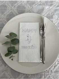 Resim Gümüş Yaldızlı Beyaz Happy 4 Yaş Months Garson Katlama Peçete 16 Adet 