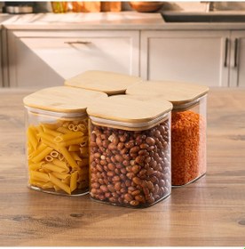 Resim Porsima 407 4lü Kare 900 Ml Bambu Vakumlu Kapaklı Cam Kavanoz Seti Saklama Kabı 10x12cm Şeffaf 