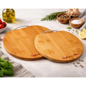 Resim Bk Gift Kişiye Özel Isimli Bambu Circle 2’li Kesme Tahtası - Doğal Ahşap Sunum ve Doğrama Tahtası Seti 