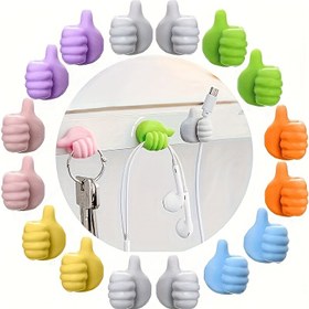 Resim 20 Adet Renkli Başparmak Yukarı Duvar Askıları - Şarj Kabloları, Kulaklıklar ve Anahtarlar için Çok Yönlü Yapışkanlı Kablo Klipsleri - Eğlenceli Ofis Düzenleyici Çeşitli Renklerde (Pembe, Yeşil, Sarı, Mavi, Mor), Masa Kablo Düzenleyici 