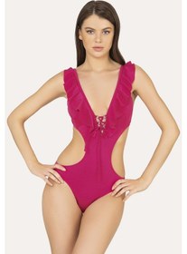 Resim Endeep Kadın Fırfırlı V Kesim Aksesuarlı Fuşya Mayokini Fuşya 