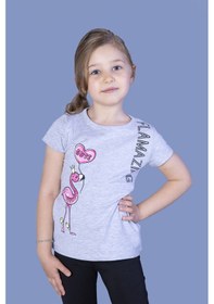 Resim Toontoy Kids Toontoy Kız Çocuk Flamingo Desenli Taş İşlemeli Baskılı Tişört Gri Melanj 