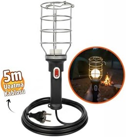 Resim Siyah Plastik Saplı Metal Koruma Kafesli 5 metre kablolu E27 Standart Duy Seyyar El Lambası 