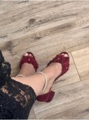 Resim LİNEER Kadın Bordo Süet Dantelli Rahat 5 Cm Kalın Topuklu Abiye Gelin Kına Ayakkabısı 