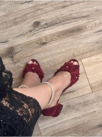Resim LİNEER Kadın Bordo Süet Dantelli Rahat 5 Cm Kalın Topuklu Abiye Gelin Kına Ayakkabısı 