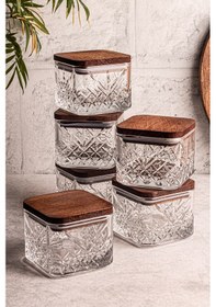 Resim Snippy Milla Kare 6'lı Ahşap Vakumlu Kare Kapaklı Cam Kahvaltılık Ahşap - Şeffaf 