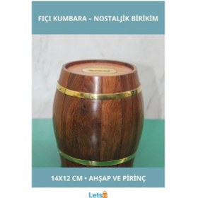 Resim Doğal Ahşap Pirinç Detaylı Dekoratif Fıçı Kumbara 14x12 Cm TEK EBAT 