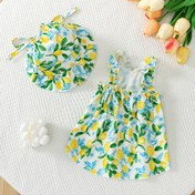 Resim Yeni Limon Baskılı Ruffle Askılı Pet Elbisesi ile Eşleşen Şapka - Hafif, Nefes Alabilen Polyester Karışımı, Tatil ve Rahat Kıyafetler için Mükemmel, Sevimli Pet Elbisesi 