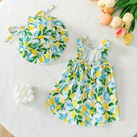 Resim Yeni Limon Baskılı Ruffle Askılı Pet Elbisesi ile Eşleşen Şapka - Hafif, Nefes Alabilen Polyester Karışımı, Tatil ve Rahat Kıyafetler için Mükemmel, Sevimli Pet Elbisesi 