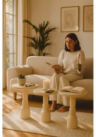 Resim Ahşap Mantar Sehpa 3 Lü Set Krem Renk Doğal Zigon Fiskos Takımı Bej 