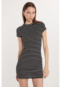 Resim Tudors Kadın Slim Fit Dar Kesim Kısa Kollu Bisiklet Yaka Çizgili Elbise-33576 Multi 