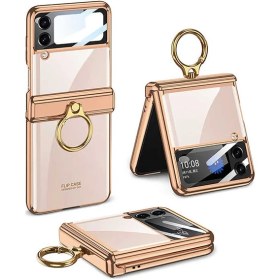 Resim Gpack Samsung Galaxy Z Flip 4 Kılıf Kıpta Yüzüklü Lens Korumalı Kapak Gold 