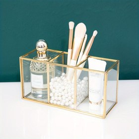 Resim 3 Bölme Makyaj Fırça Tutucu - Eski Tarz Bakır ve Cam Makyaj Fırça Tutucu, Ofis, Banyo ve Makyaj Masası Depolama İçin İdeal, Banyo Düzenleyici | Eski Tarz Düzenleyici | Cam Depolama Çözümü, Makyaj Masası Düzenleyici 