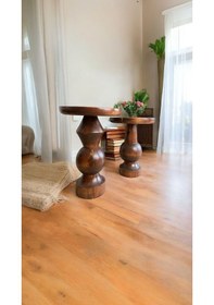 Resim Wood Ahşap 2'li Set Mantar Yan Sehpa Modern Fiskos / Kestane Renk / Zigon Sehpa Vernikli Kestane 