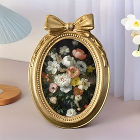 Resim Vintage Oval Reçine Fotoğraf Çerçevesi Altın Fiyonklu - Zarif Çiçek Deseni, Hafif, Oturma Odası, Yatak Odası veya Giriş Dekoru için Dikey Asma Sanat, Oda Dekoru 