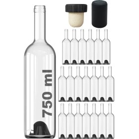 Resim Afracam 750 ml Şeffaf Şarap Şişesi Siyah Doğal Mantar Tıpalı ve Siyah Kapüşonlu Dibi Çukur Cam Şişe 20 Adet 